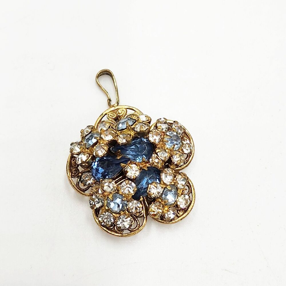 Vintage Original by Robert Wire Work Flowers Blue Clear Rhinestone Pendant Layer